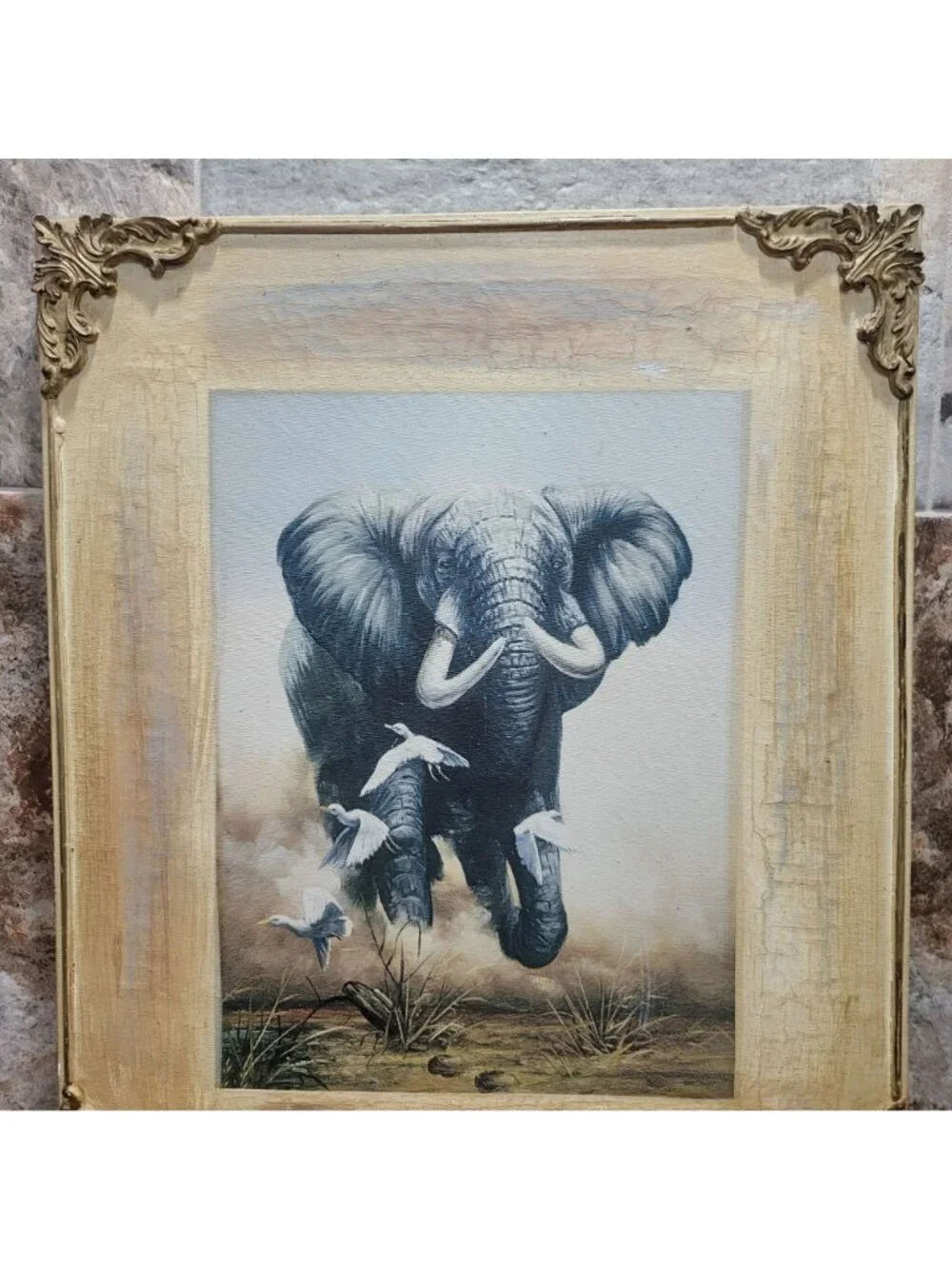 Elephant Egret Stretched Canvas Wall Art Print Wooden Frame